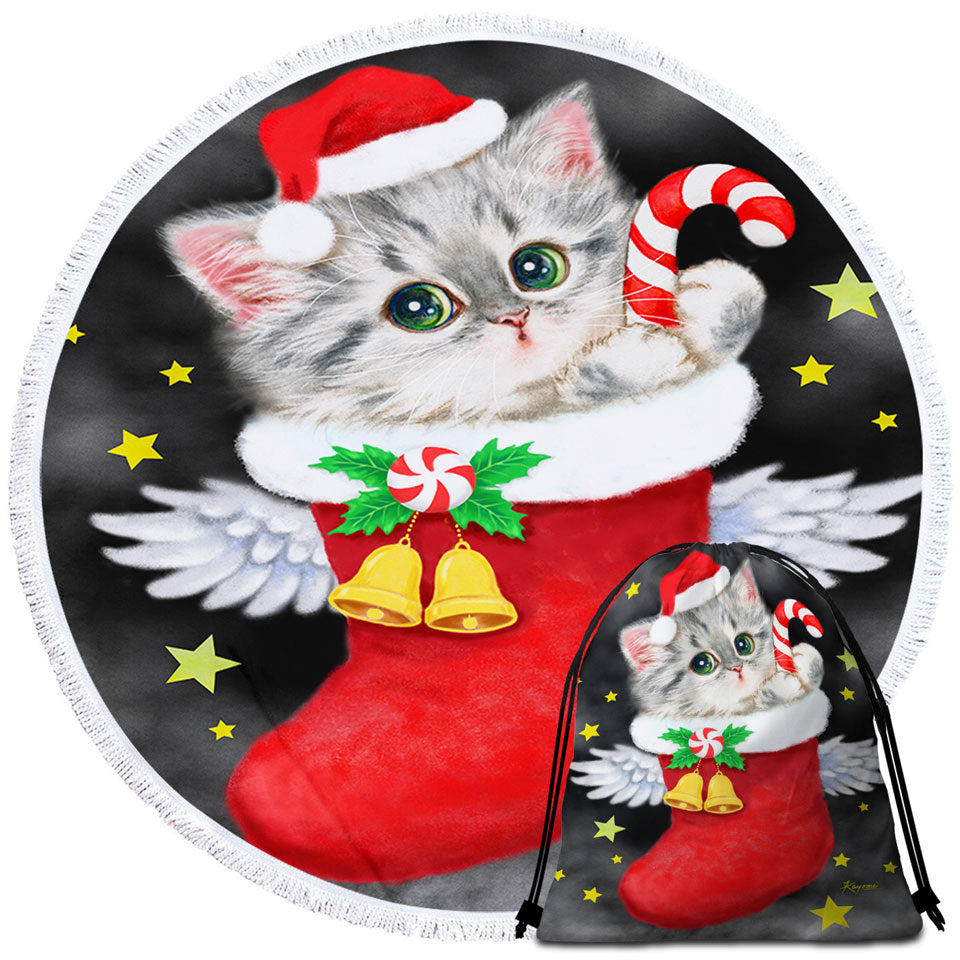 Christmas Unique Beach Towels Cute Grey Kitty in Red Angle Christmas Sock