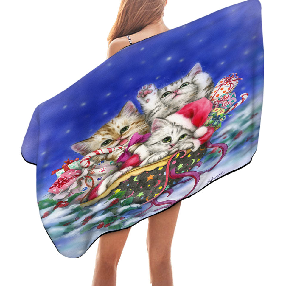 Christmas Unique Beach Towels Gift Three Lovely Kittens in Sleigh