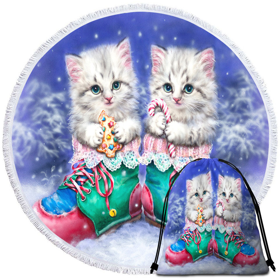 Christmas Unique Beach Towels Winter Boots with Cute Grey Kittens