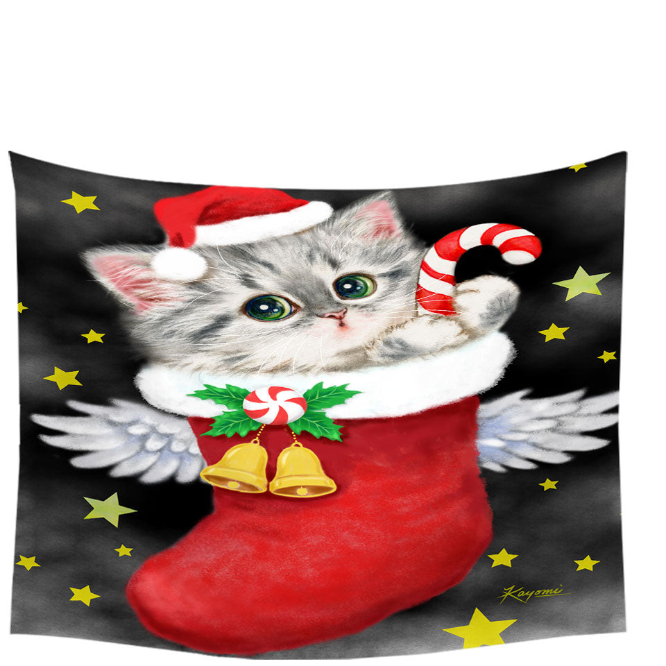 Christmas Wall Art Prints Cute Grey Kitty in Red Angle Christmas Sock