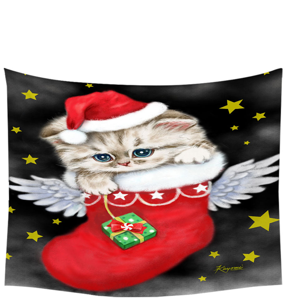 Christmas Wall Decor Adorable Tabby Kitty in Red Angle Christmas Sock Tapestry