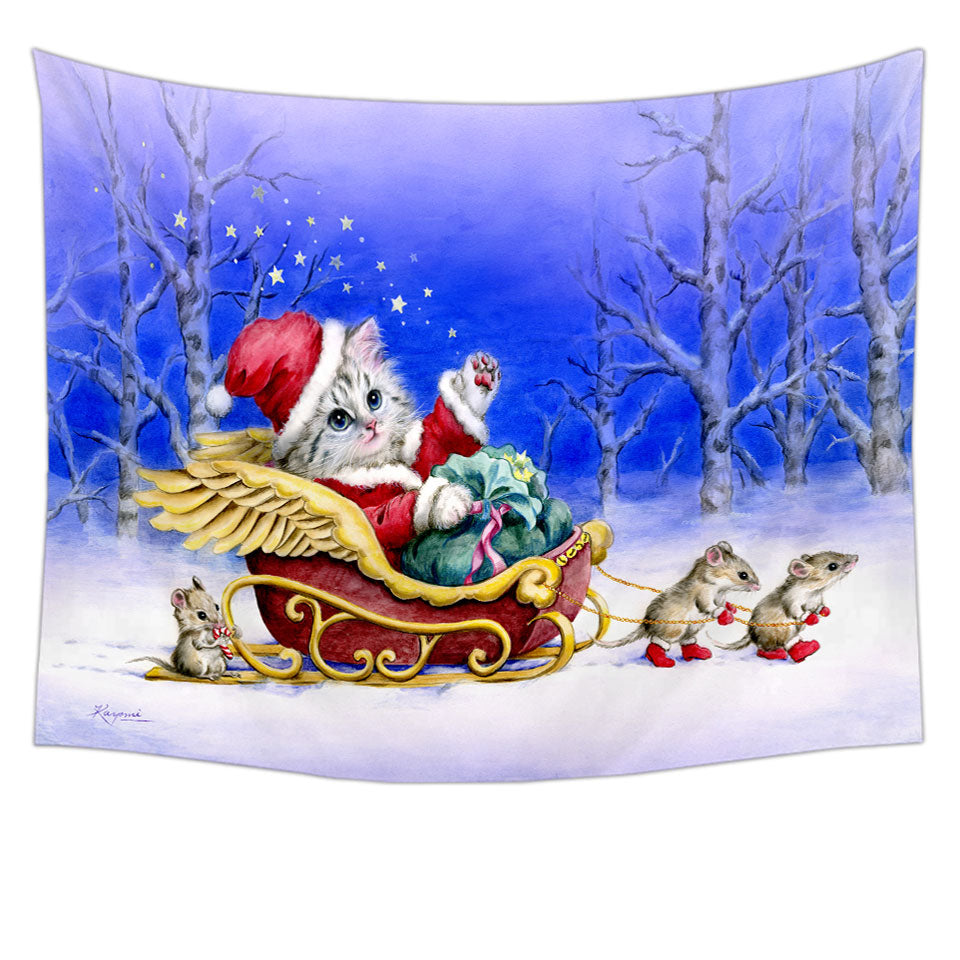 Christmas Wall Decor Art Prints Cat Kitten Santa with Mice Friends