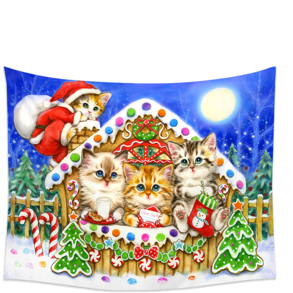 Christmas Wall Decor Art Prints Cats Cute Gingerbread House for Kittens