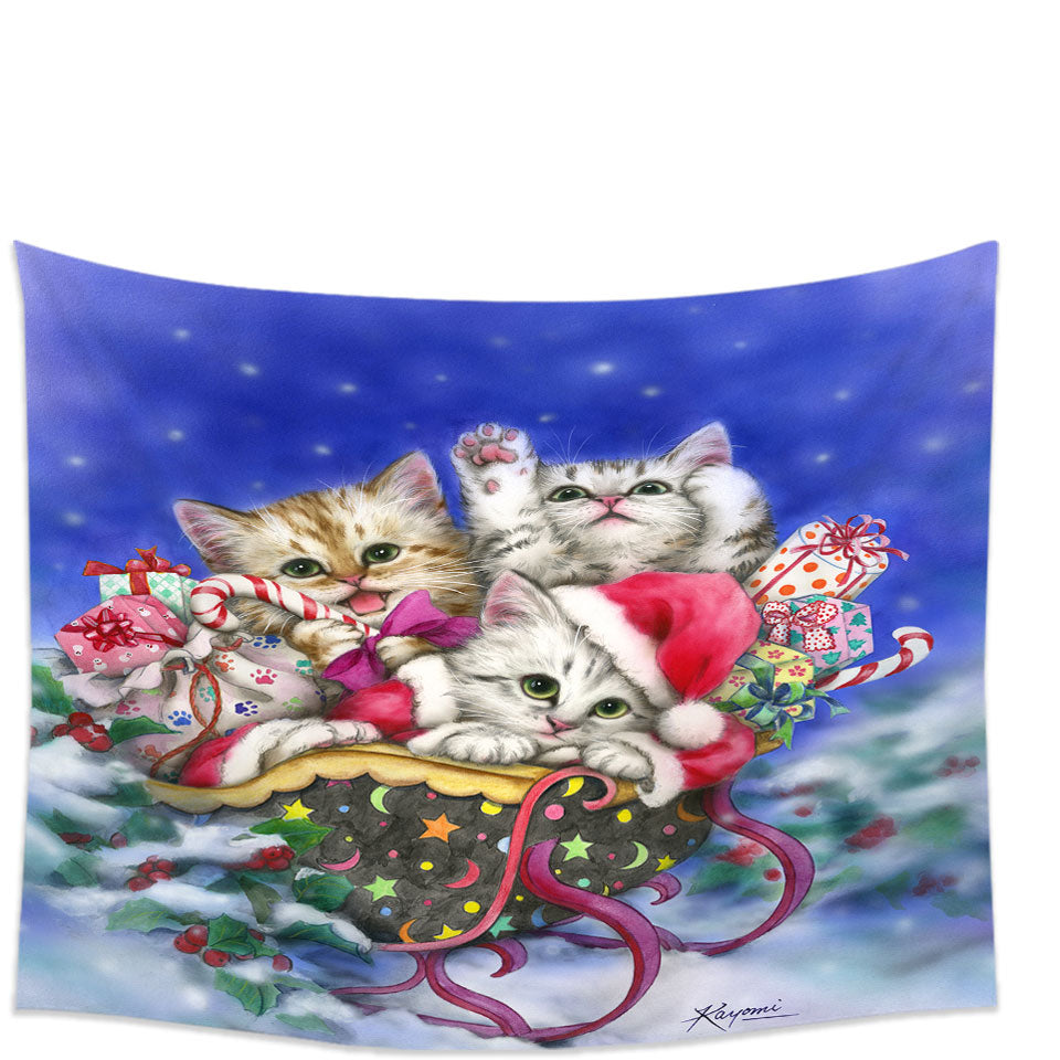 Christmas Wall Decor Gift Three Lovely Kittens in Sleigh Hanging Fabric On Wall