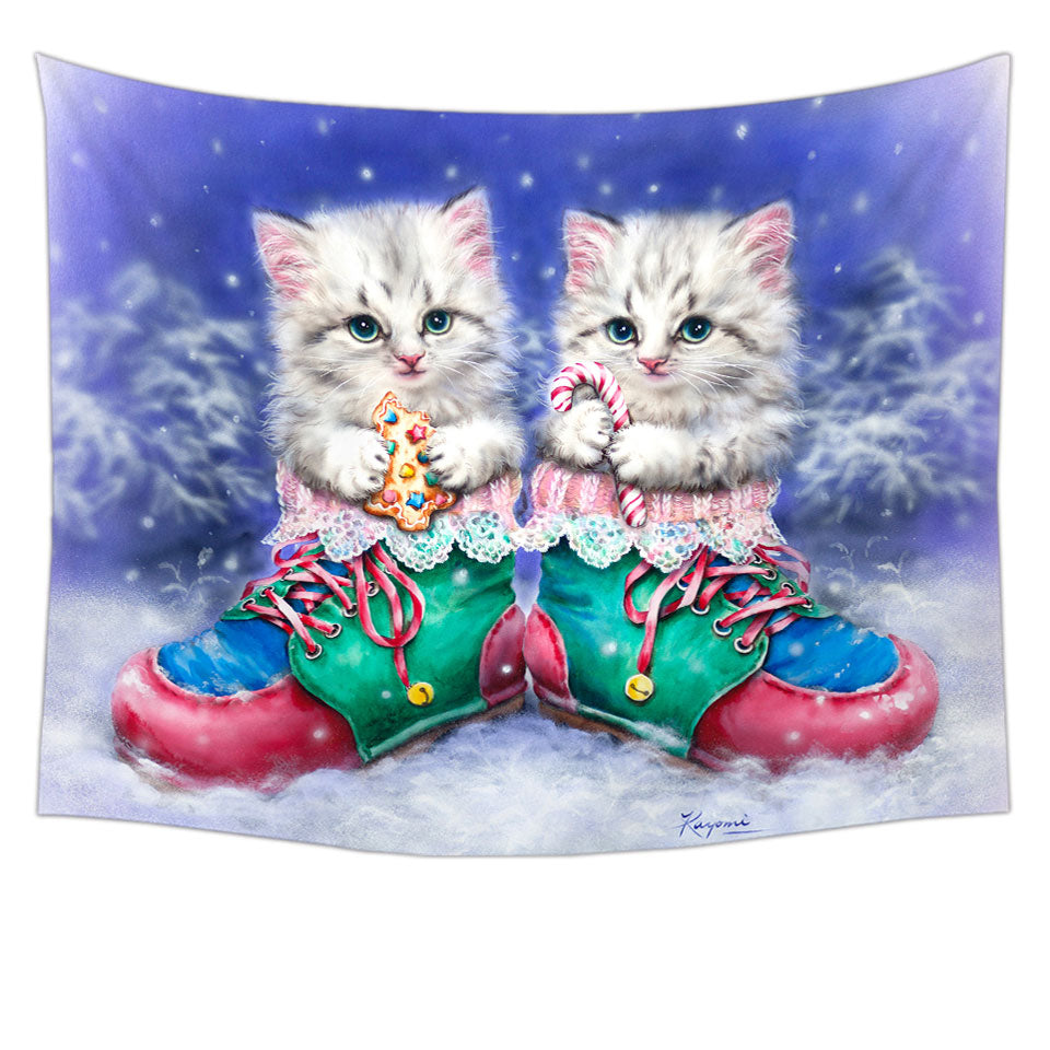 Christmas Wall Decor Tapestries Winter Boots with Cute Grey Kittens