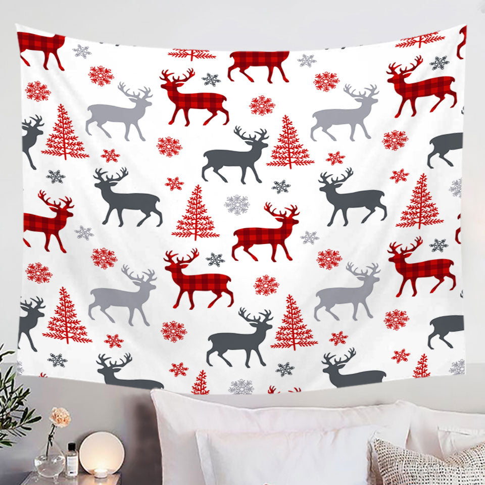 Christmas Wall Decor Tapestry with Tree Deer and Snow Pattern