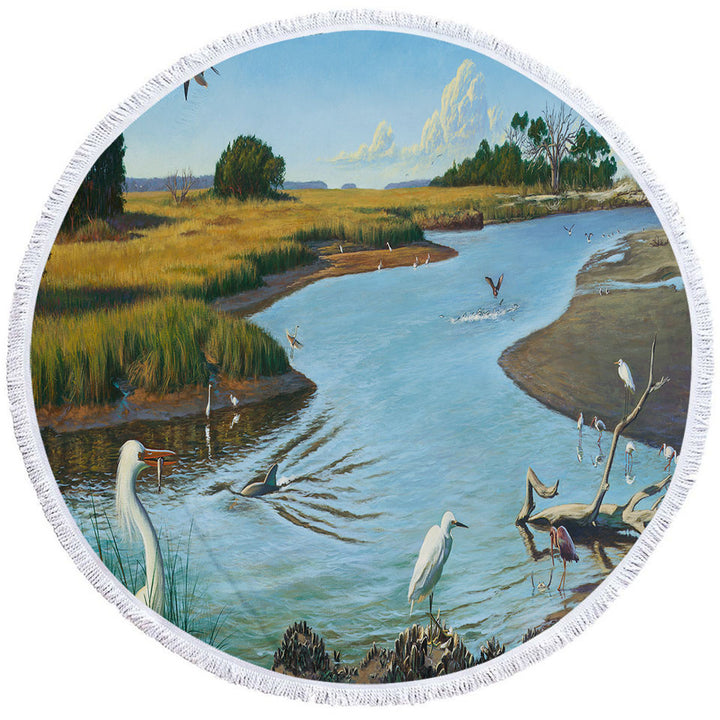 Circle Beach Towel of Nature Lake Art Birds of Paradise