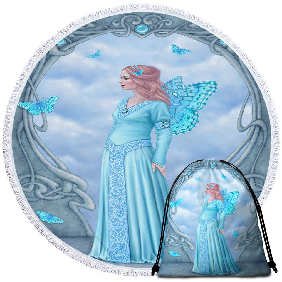 Circle Beach Towel with Butterflies and Blue Aquamarine Butterfly Girl