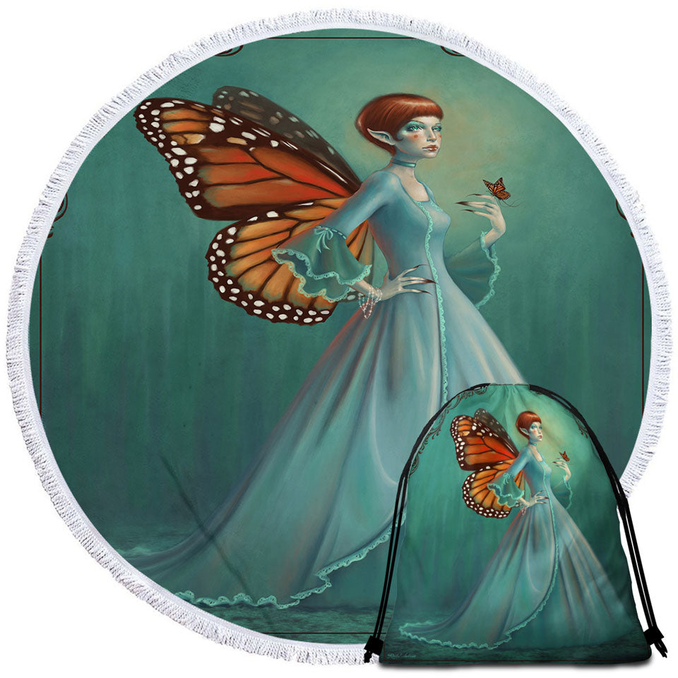 Circle Beach Towel with Butterfly Elf Woman Cool Fantasy Monarch