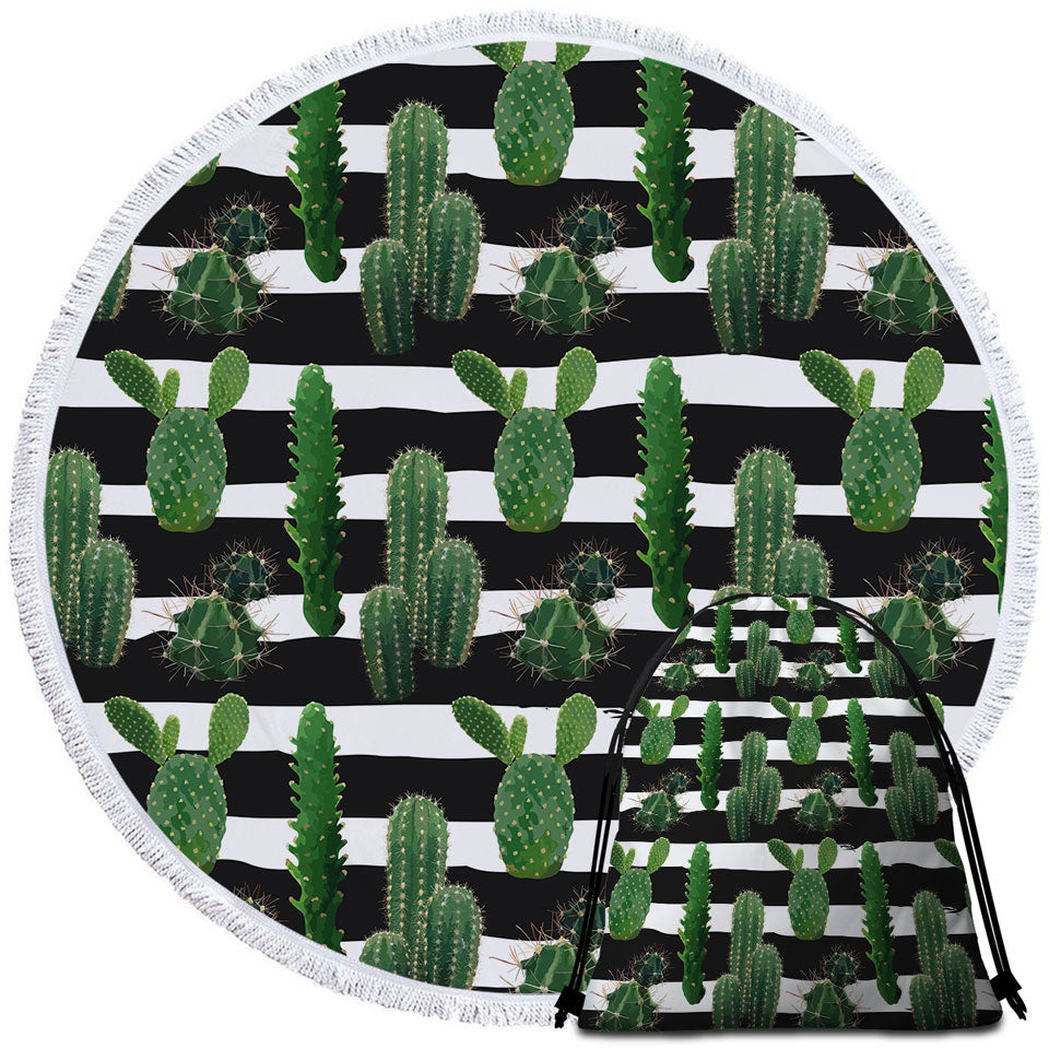 Circle Beach Towel with Cactus over Black and White Stripes