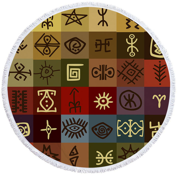Circle Beach Towel with Multi Colored Panels Cool Ancient Symbols
