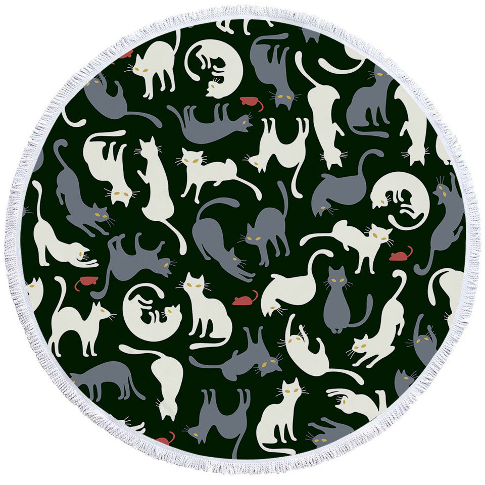Circle Beach Towel with Red Mice and White Grey Cats