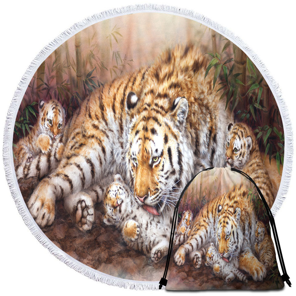 Circle Beach Towel with Wildlife Animal Art Tiger Family in Bamboo Forest