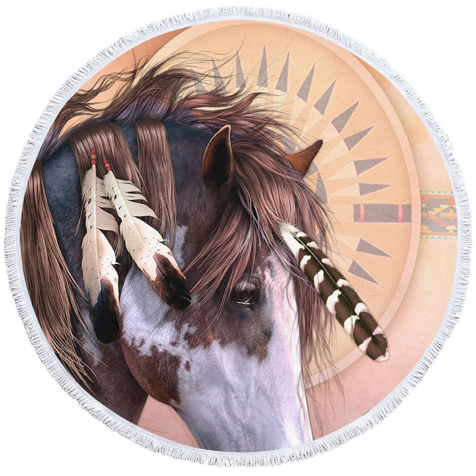 Circle Beach Towels with Native American Spirit Feathers Haired Horse