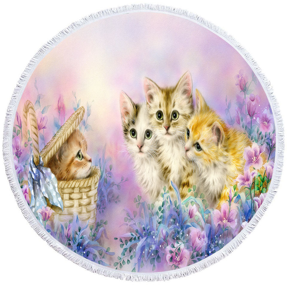 Circle Towel with Cats Art Adorable Cute Kittens in Flower Garden