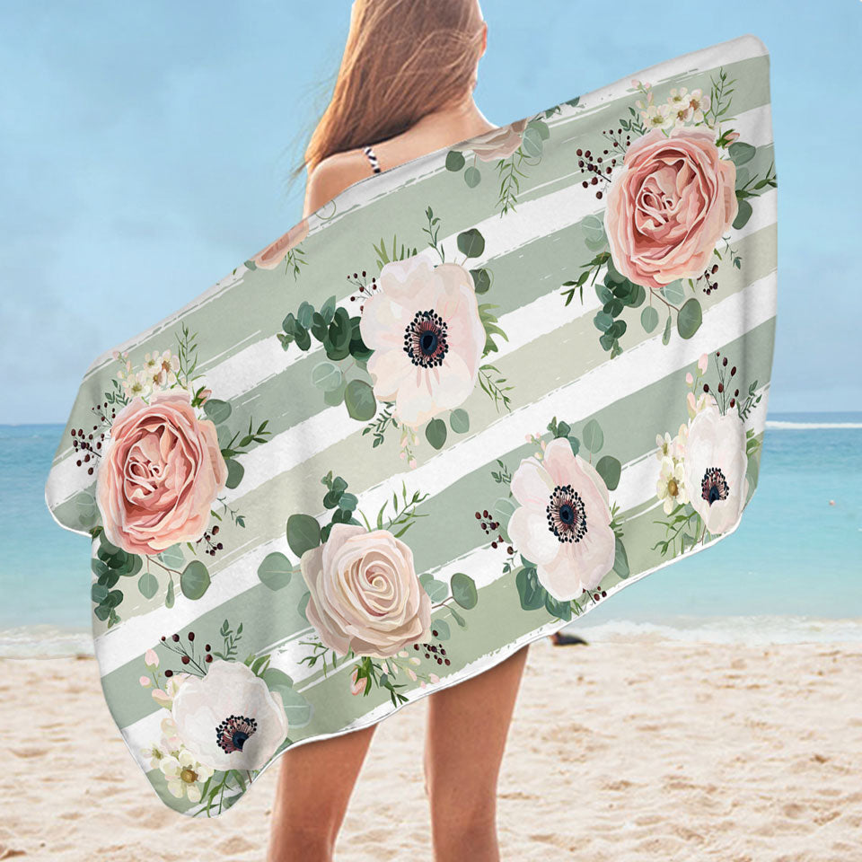 Classic Floral Beach Towels With Stripes
