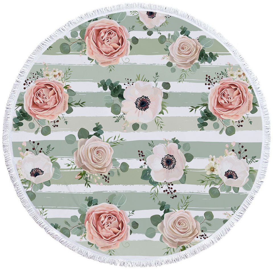 Classic Floral Lightweight Beach Towel With Stripes