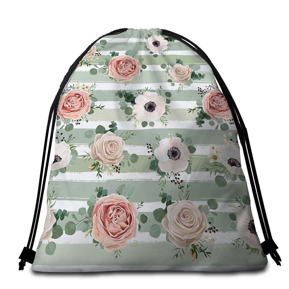 Classic Floral Packable Beach Towel With Stripes