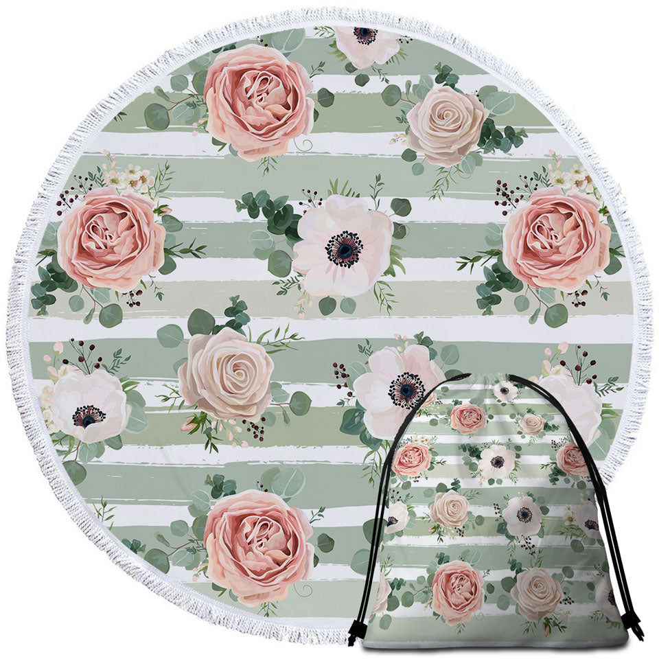 Classic Floral Round Beach Towels With Stripes