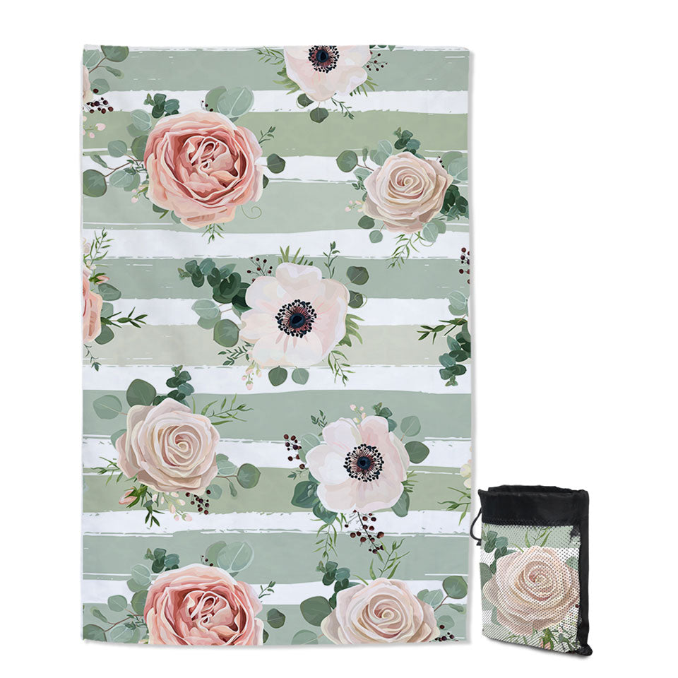 Classic Floral Womens Beach Towel With Stripes