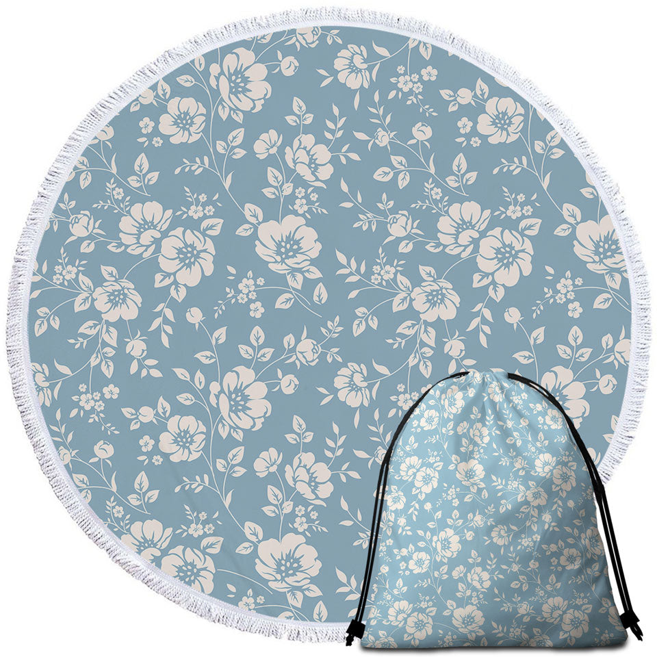 Classic Vintage Off White Circle Beach Towel Floral over Blue