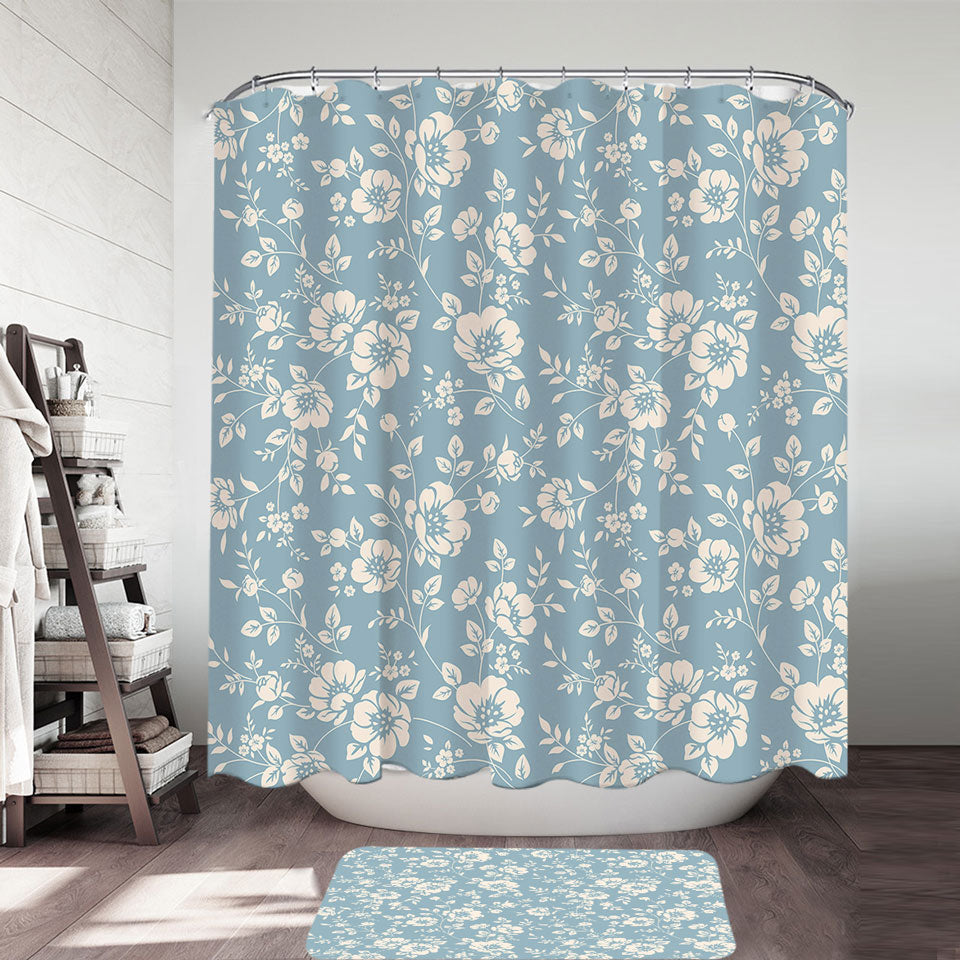 Classic Vintage Off White Shower Curtains Floral over Blue
