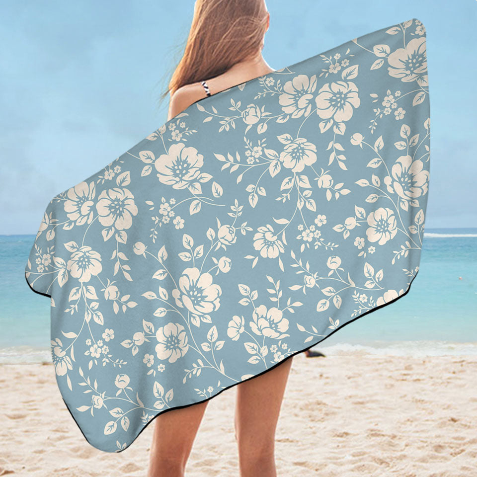 Classic Vintage Off White Womens Beach Towel Floral over Blue