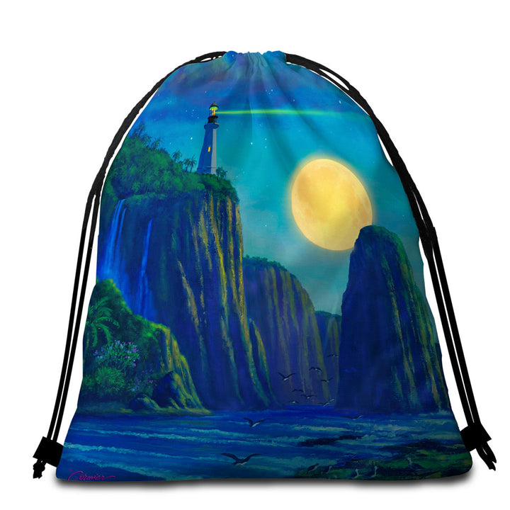Coastal Art Lighthouse at Moon Bay Beach Towel Bags