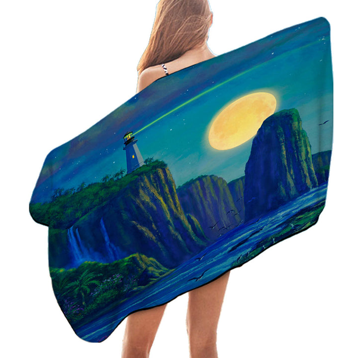 Coastal Art Lighthouse at Moon Bay Beach Towels