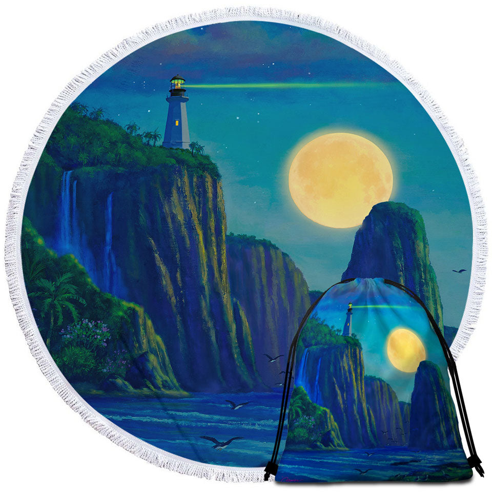 Coastal Art Lighthouse at Moon Bay Circle Beach Towel