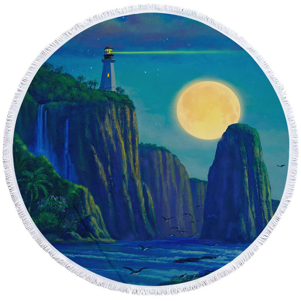 Coastal Art Lighthouse at Moon Bay Round Beach Towel