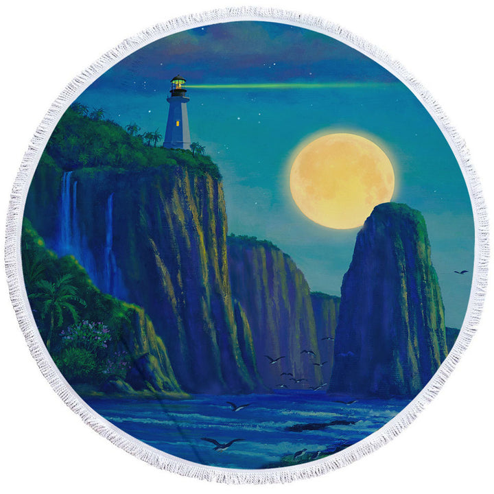 Coastal Art Lighthouse at Moon Bay Round Beach Towel