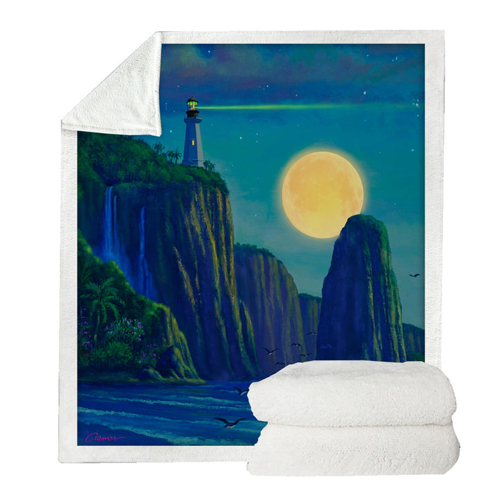 Coastal Art Lighthouse at Moon Bay Throw Blanket