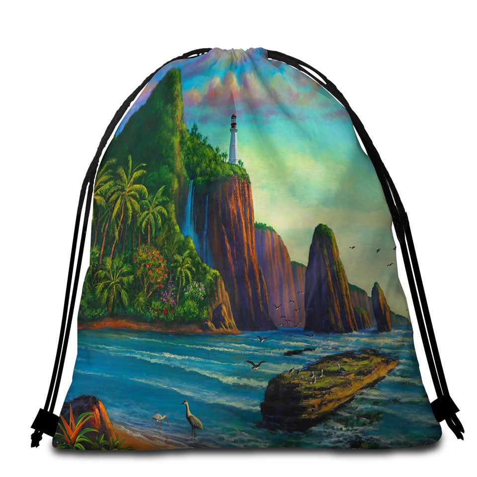 Coastal Art Painting Lighthouse in Paradise Bay Beach Towel Bags