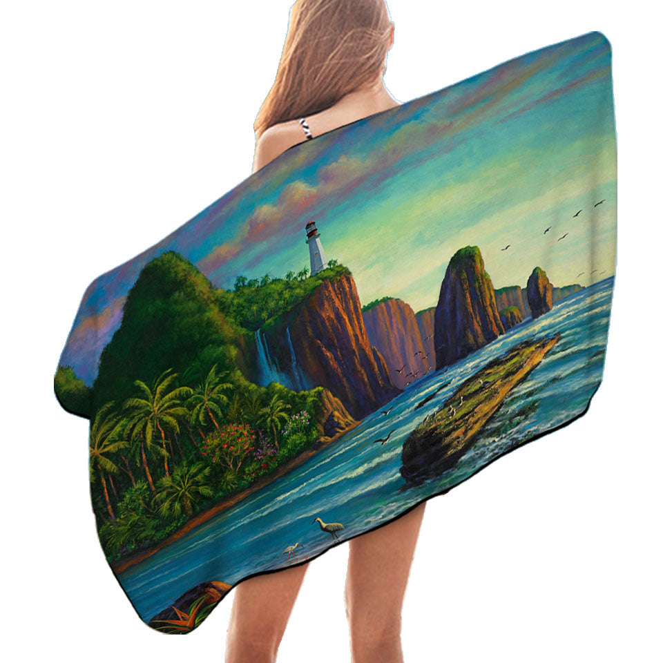 Coastal Art Painting Lighthouse in Paradise Bay Beach Towels