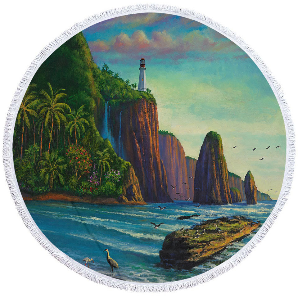 Coastal Art Painting Lighthouse in Paradise Bay Circle Beach Towel