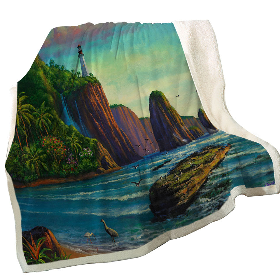 Coastal Art Painting Lighthouse in Paradise Bay Fleece Blanket
