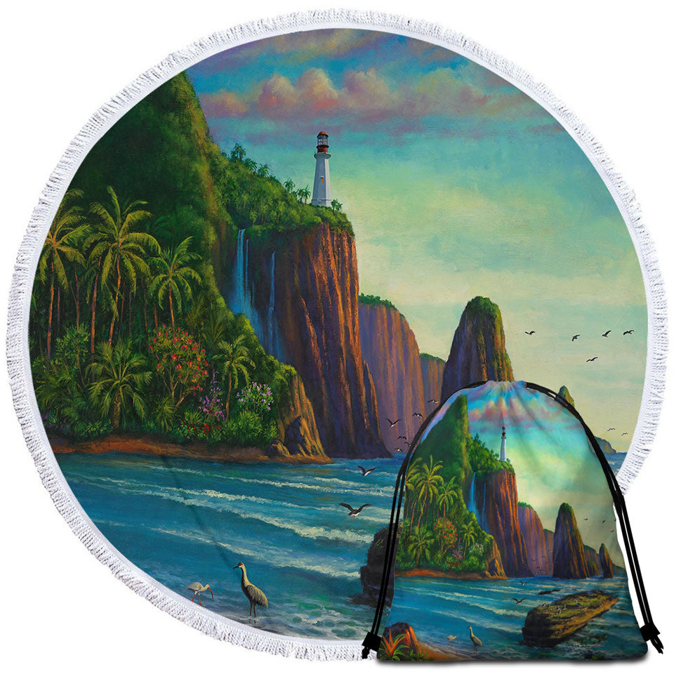 Coastal Art Painting Lighthouse in Paradise Bay Round Beach Towel