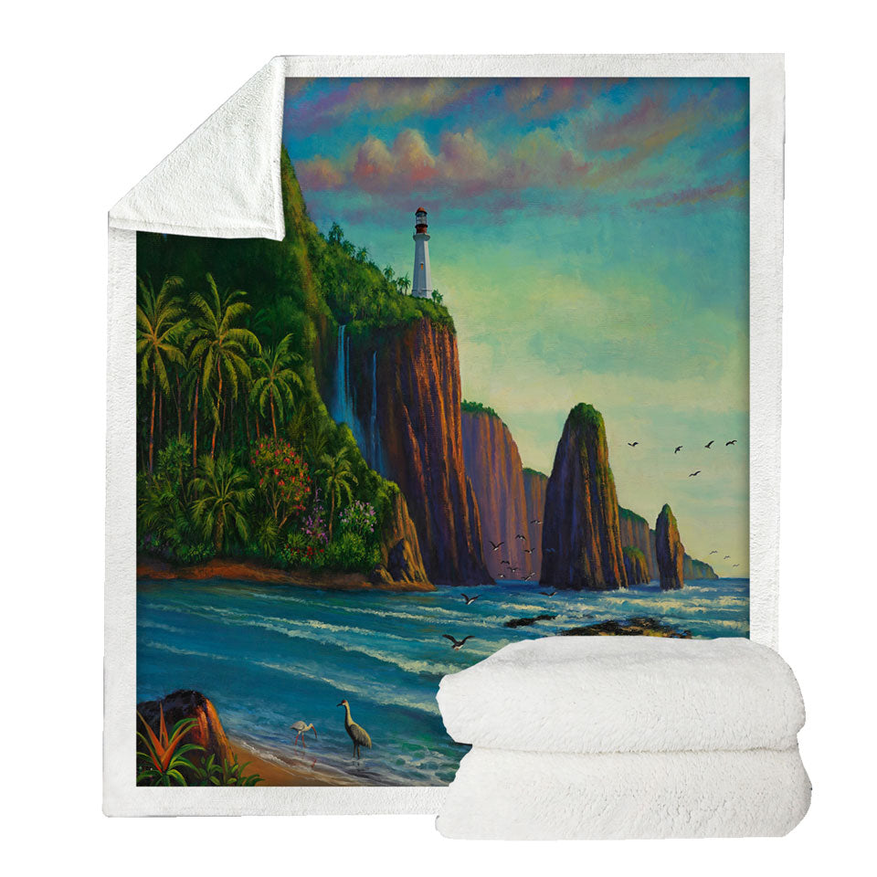 Coastal Art Painting Lighthouse in Paradise Bay Sherpa Blanket