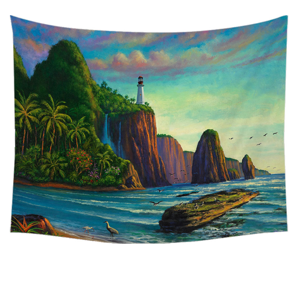 Coastal Art Painting Lighthouse in Paradise Bay Tapestry