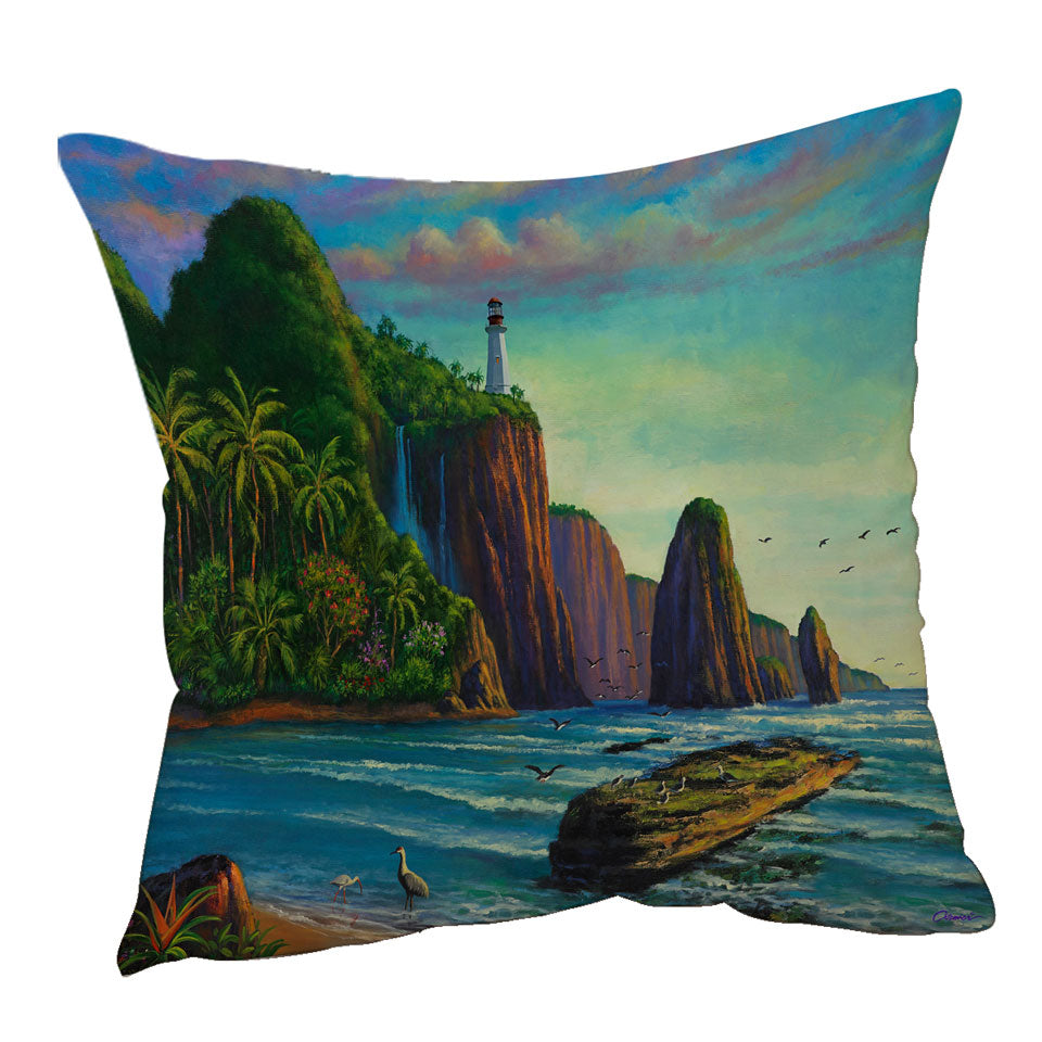 Coastal Art Painting Lighthouse in Paradise Bay Throw Pillow