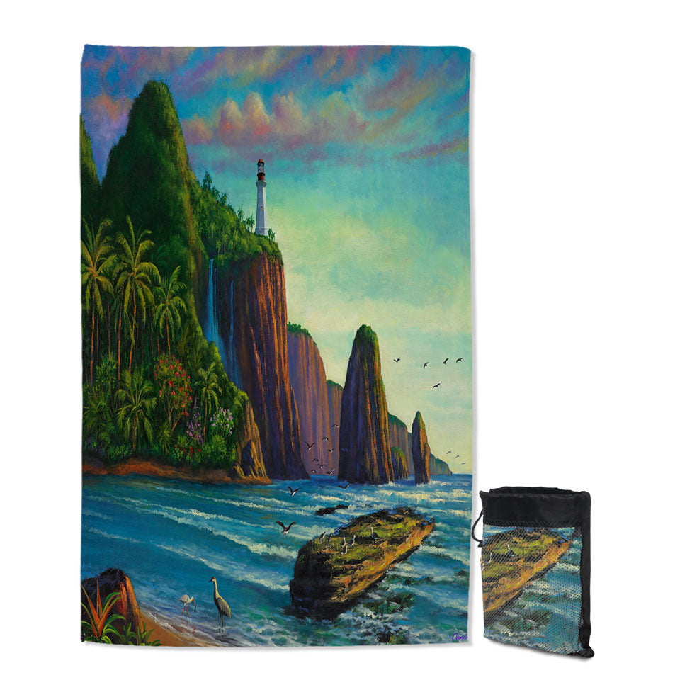 Coastal Art Painting Lighthouse in Paradise Bay Unique Beach Towels