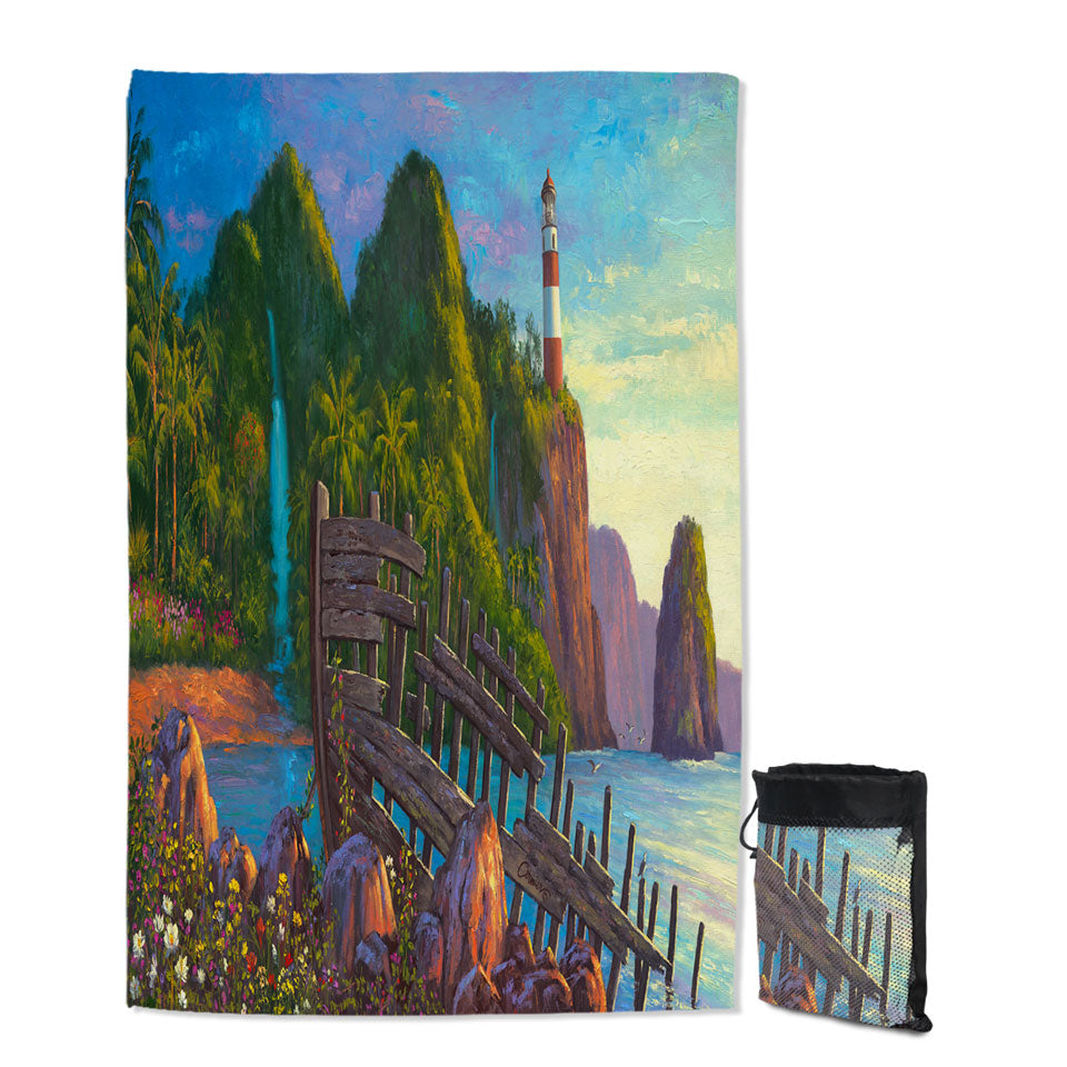 Coastal Art Painting Lighthouse in Paradise Cove Beach Towels