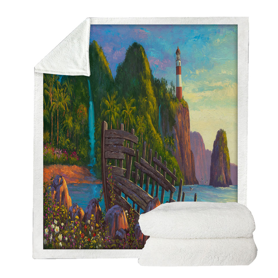 Coastal Art Painting Lighthouse in Paradise Cove Lightweight Beach Towels