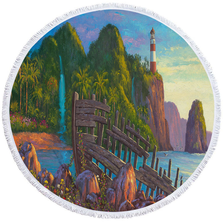 Coastal Art Painting Lighthouse in Paradise Cove Round Beach Towel