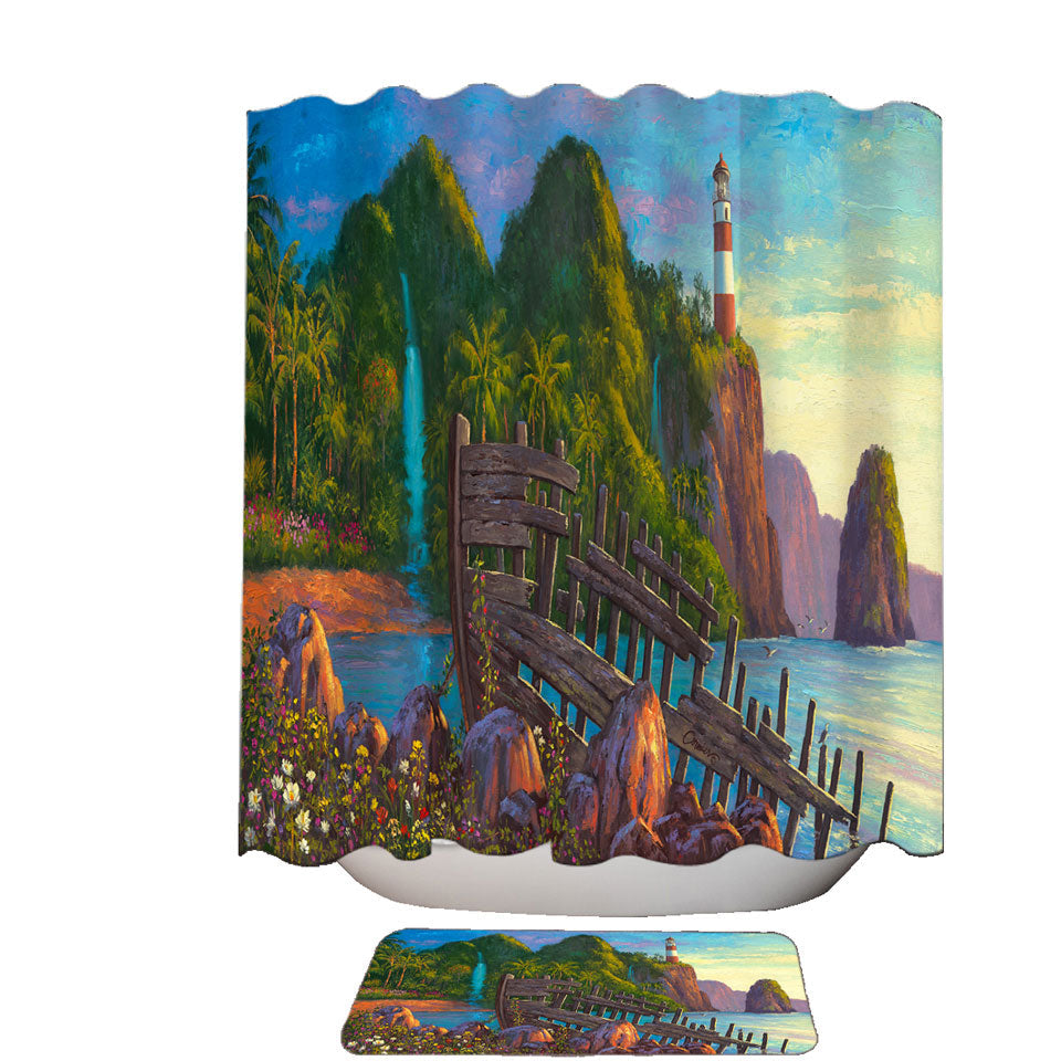 Coastal Art Painting Lighthouse in Paradise Cove Shower Curtains