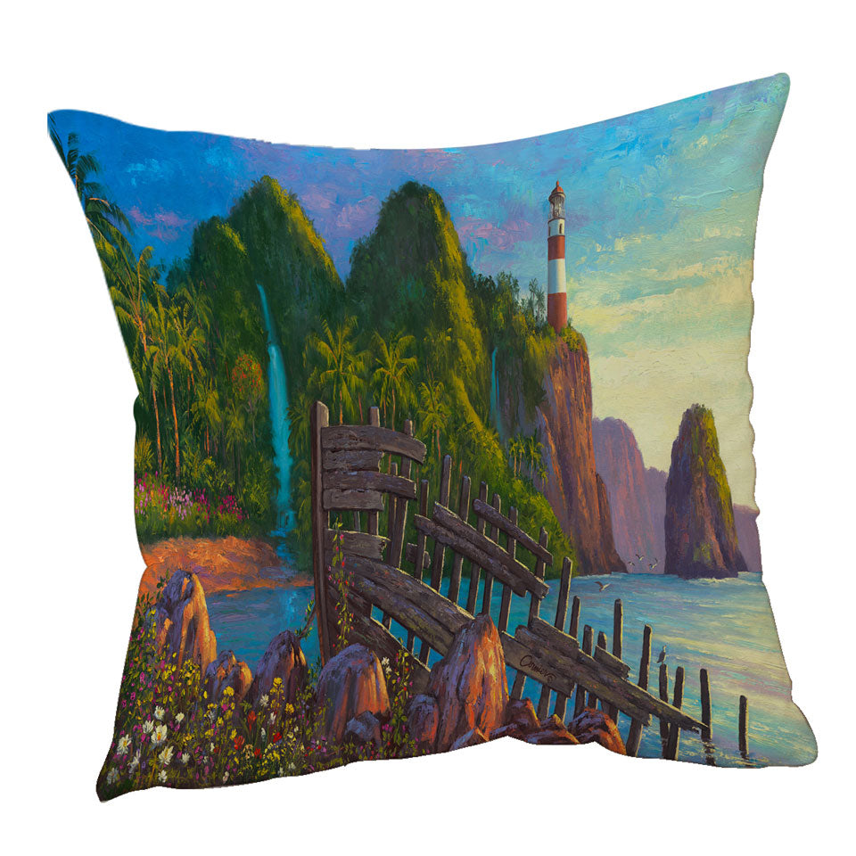 Coastal Art Painting Lighthouse in Paradise Cove Throw Pillows