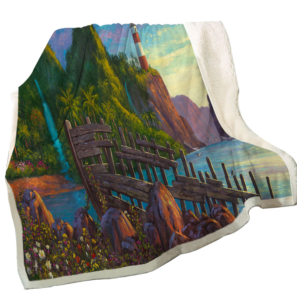 Coastal Art Painting Lighthouse in Paradise Cove Throws