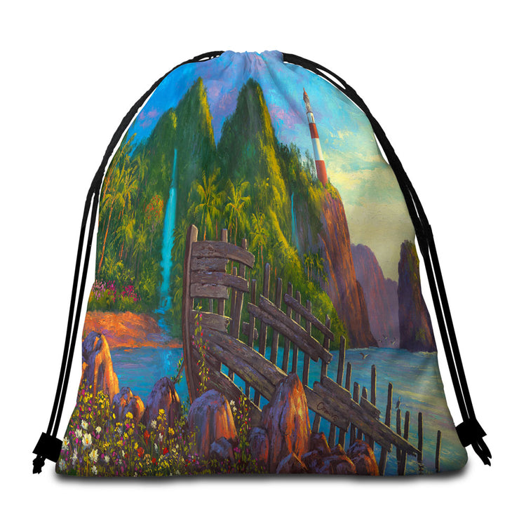 Coastal Art Painting Lighthouse in Paradise Cove Travel Beach Towel