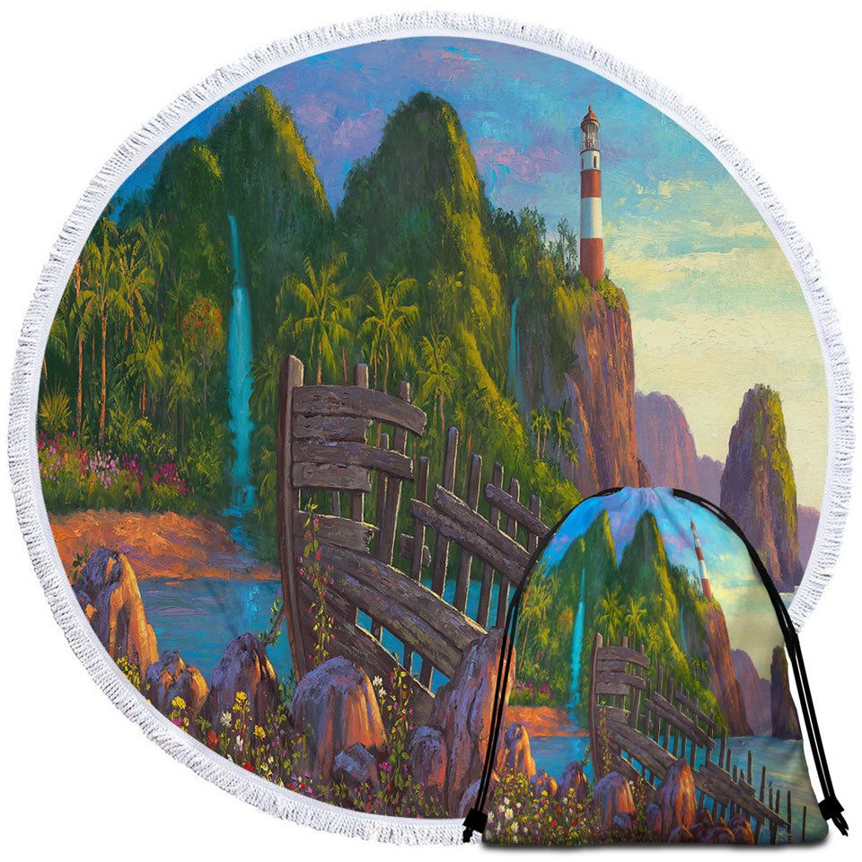 Coastal Art Painting Lighthouse in Paradise Cove Unique Beach Towels
